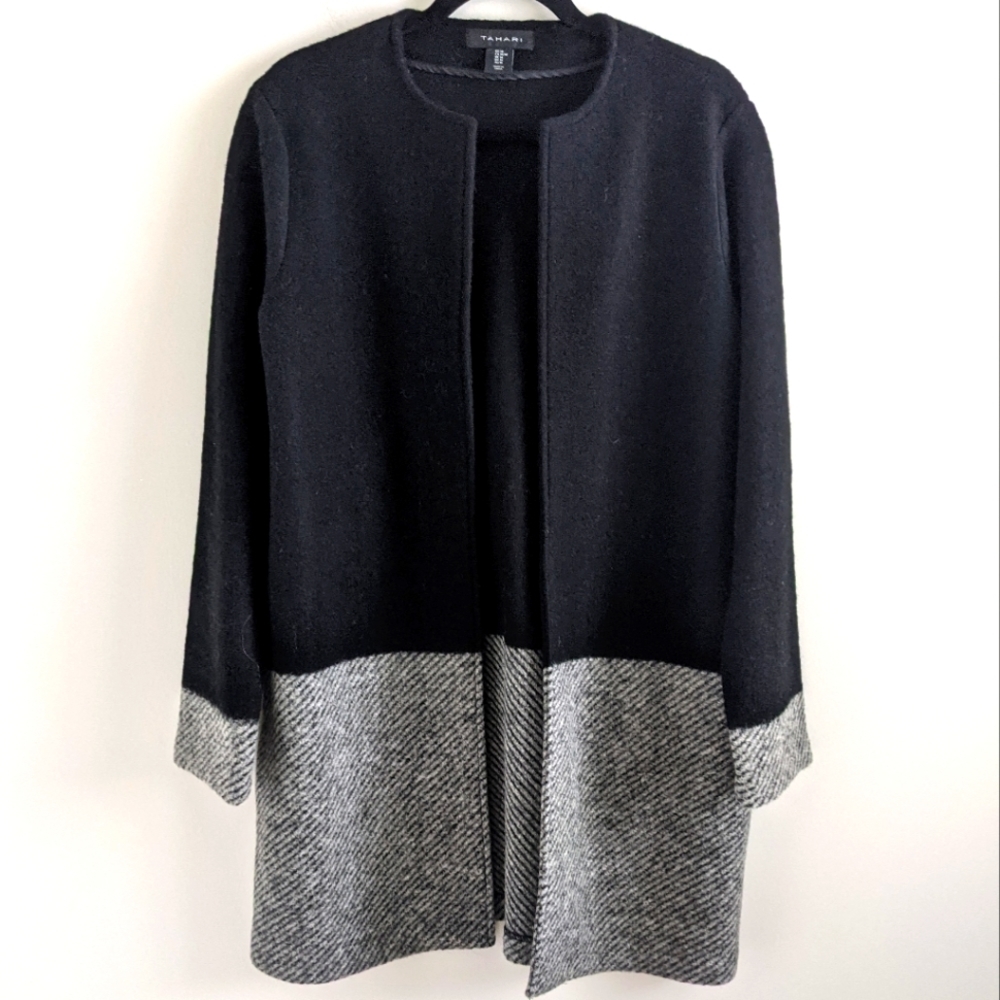 Tahari Wool Blend Open Front Car Coat Black and Grey M